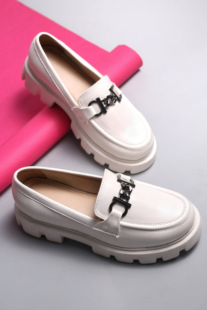 Brauch White Solid Buckle Embellished Loafer Shoe