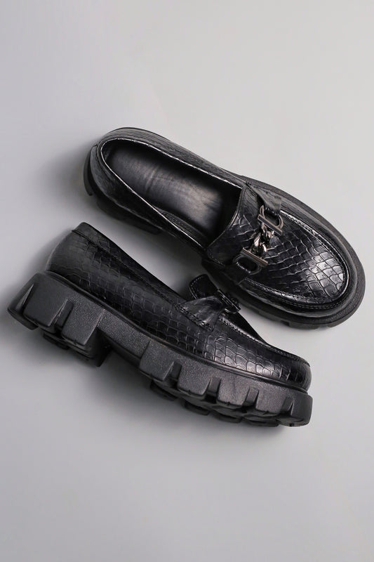 Brauch Black Patterned Buckle Embellished Loafer Shoe