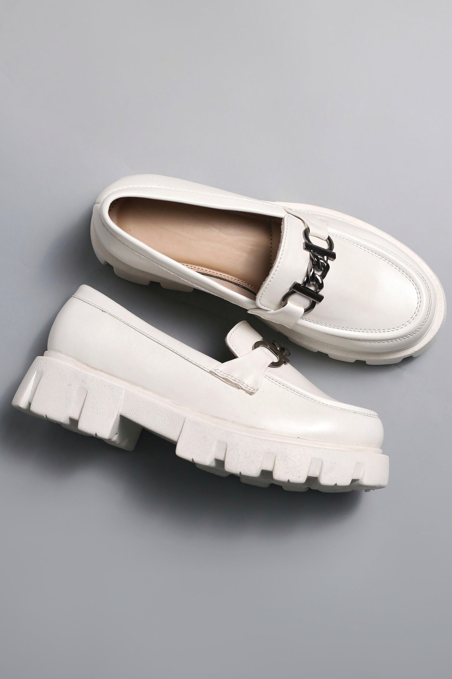 Brauch White Solid Buckle Embellished Loafer Shoe