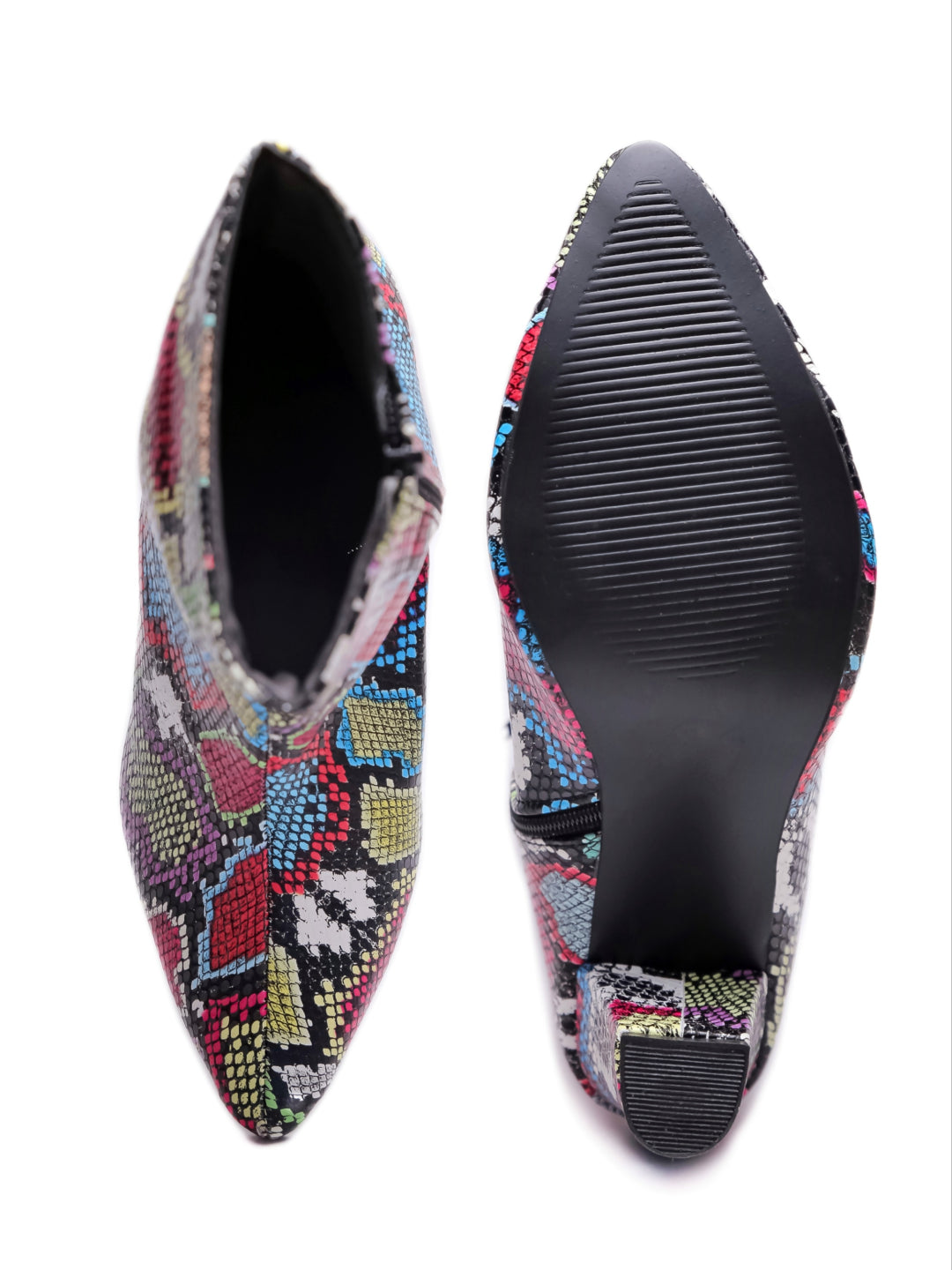 Women Multicolor Snake Print Pointed Toe Block Heeled Zip Up Boots