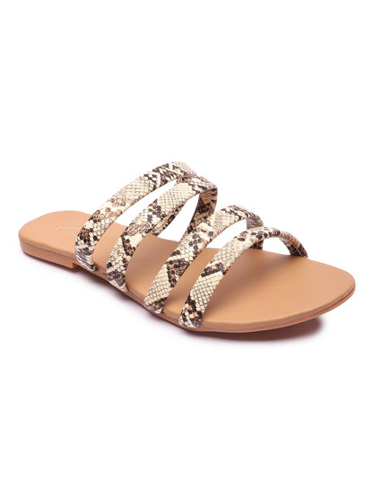 Brauch Women's Beige Snake Strap Printed Flat Sandal