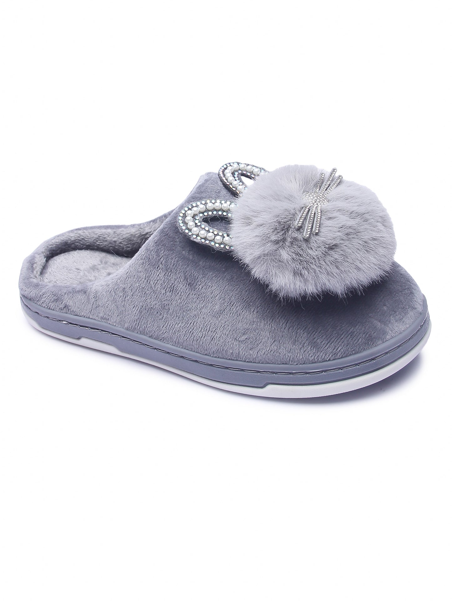 Brauch Women's Grey Pearl Glitter Kitty Winter Slippers
