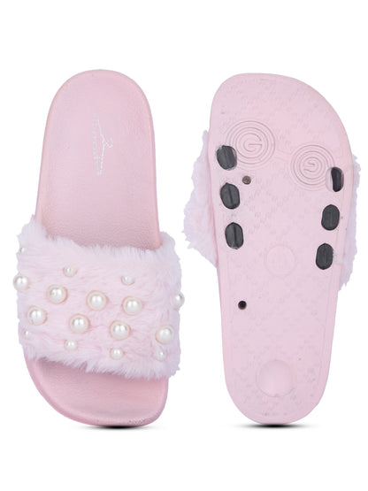 Brauch Women's Pink Fur Pearl Slides