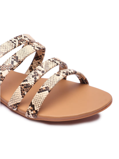 Brauch Women's Beige Snake Strap Printed Flat Sandal