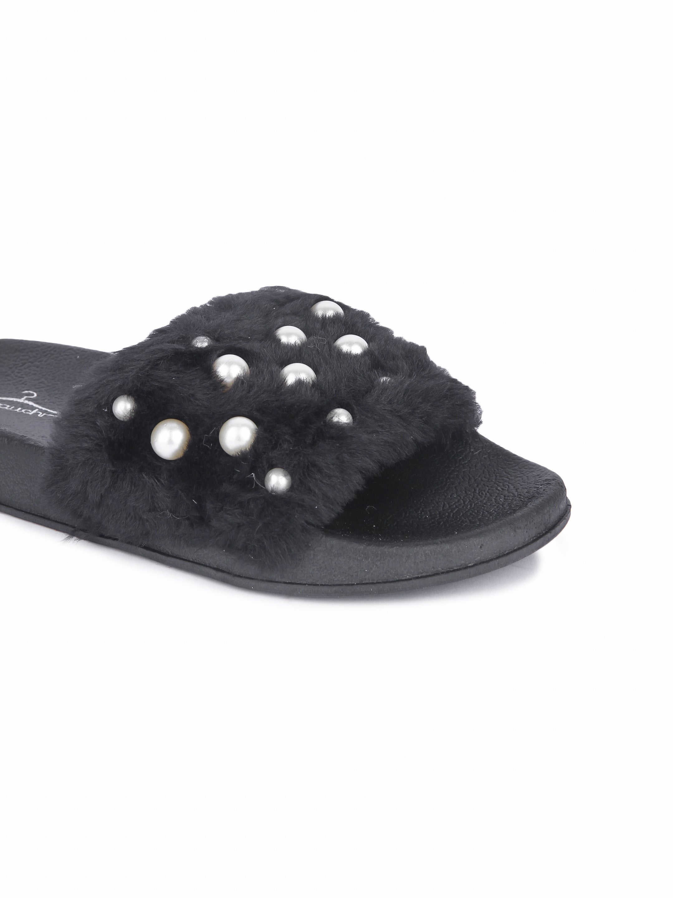 Womens black best sale fur slides