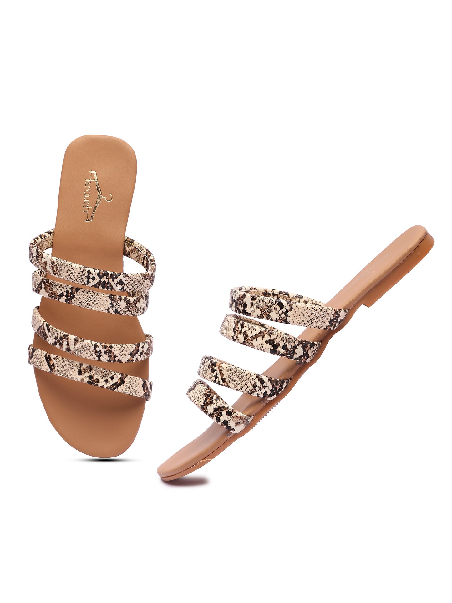 Brauch Women's Beige Snake Strap Printed Flat Sandal