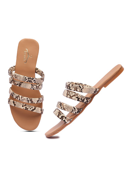 Brauch Women's Beige Snake Strap Printed Flat Sandal