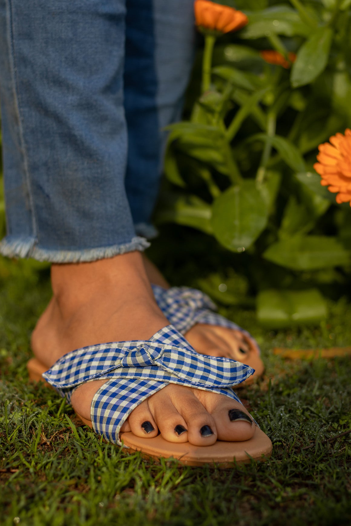 Women Blue Bow Checkered Fashion Flats