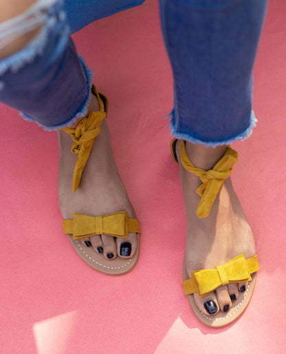 Women Mustard Suede Bow Tie Up Fashion Sandal