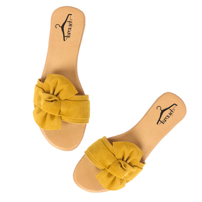 Brauch Women's Mustard Suede Bow Flats Slides