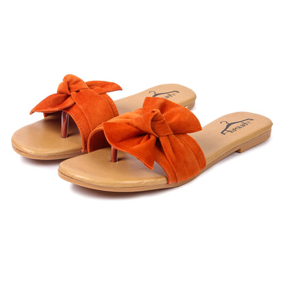 Brauch Women's Orange Suede Bow Flats Slides