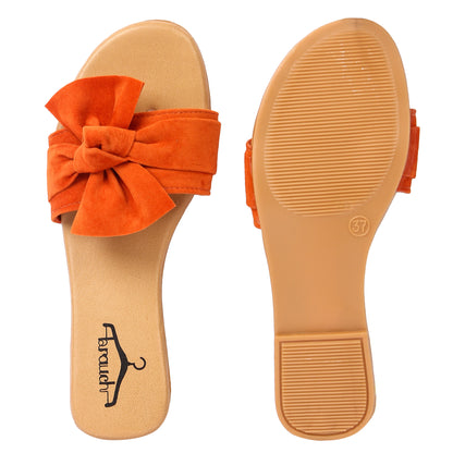 Brauch Women's Orange Suede Bow Flats Slides