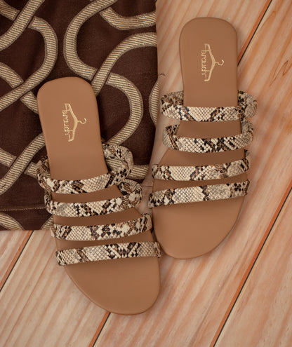 Brauch Women's Beige Snake Strap Printed Flat Sandal