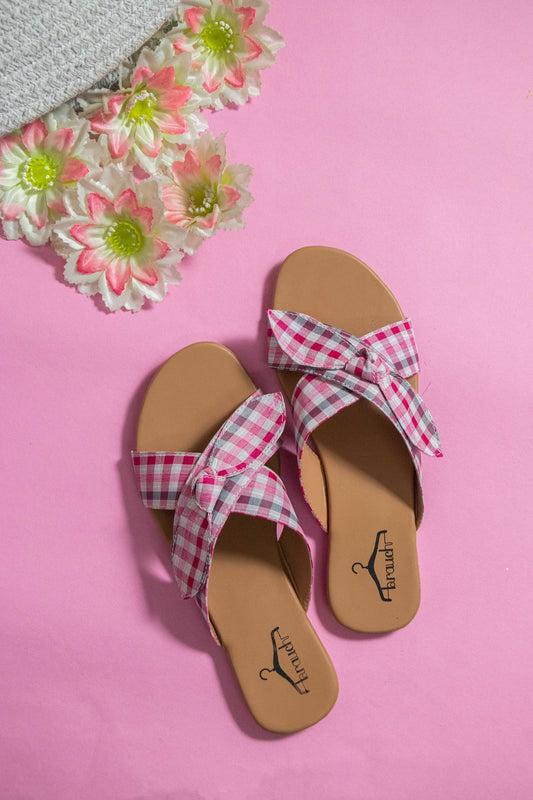 Women Pink Bow Checkered Fashion Flats