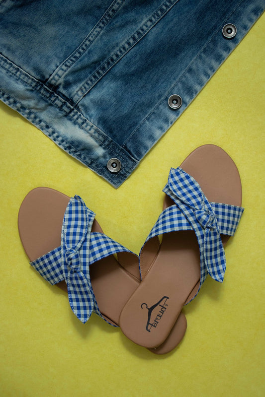 Women Blue Bow Checkered Fashion Flats