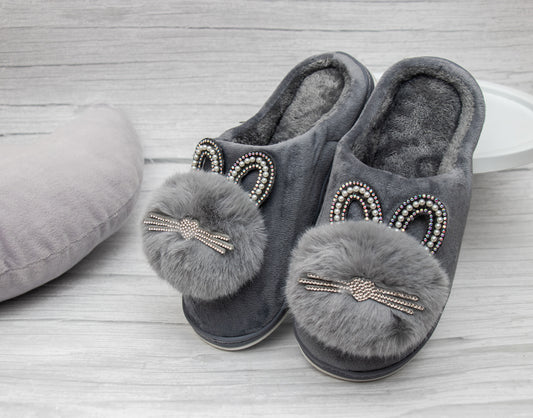 Brauch Women's Grey Pearl Glitter Kitty Winter Slippers