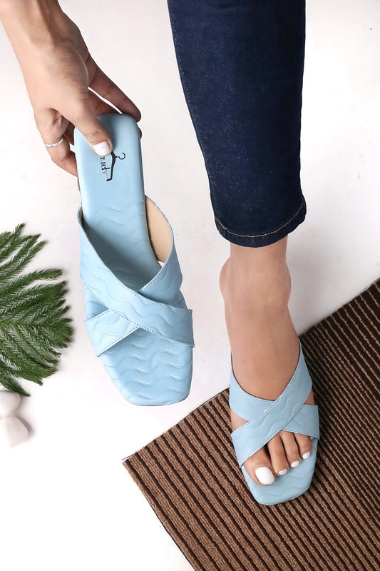 Brauch Sky Blue Cross Strap Patterned Flats