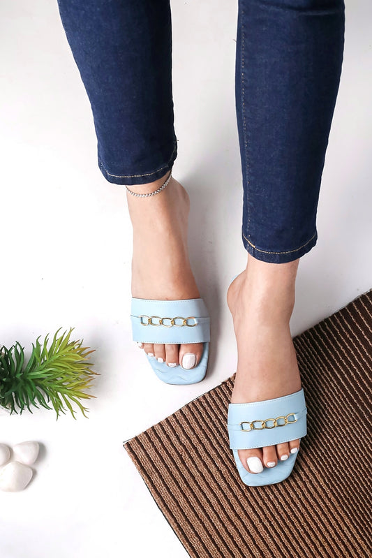 Brauch Sky Blue Buckle Strap Patterned Flats