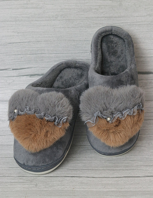 Brauch Women's Grey Heart Pearl Fur Winter Slippers