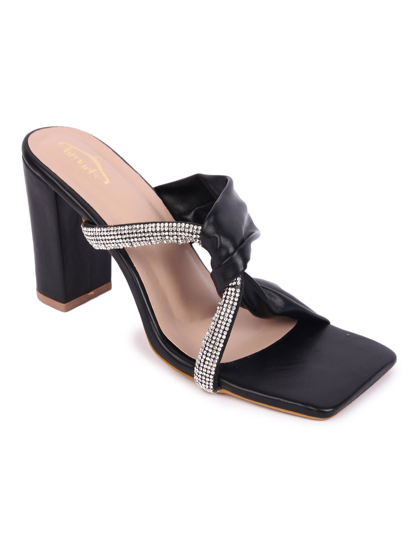 Black Cross Strap Rhinestone Block Heel