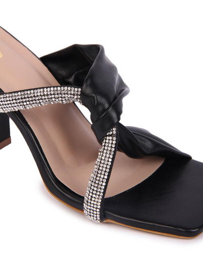 Black Cross Strap Rhinestone Block Heel