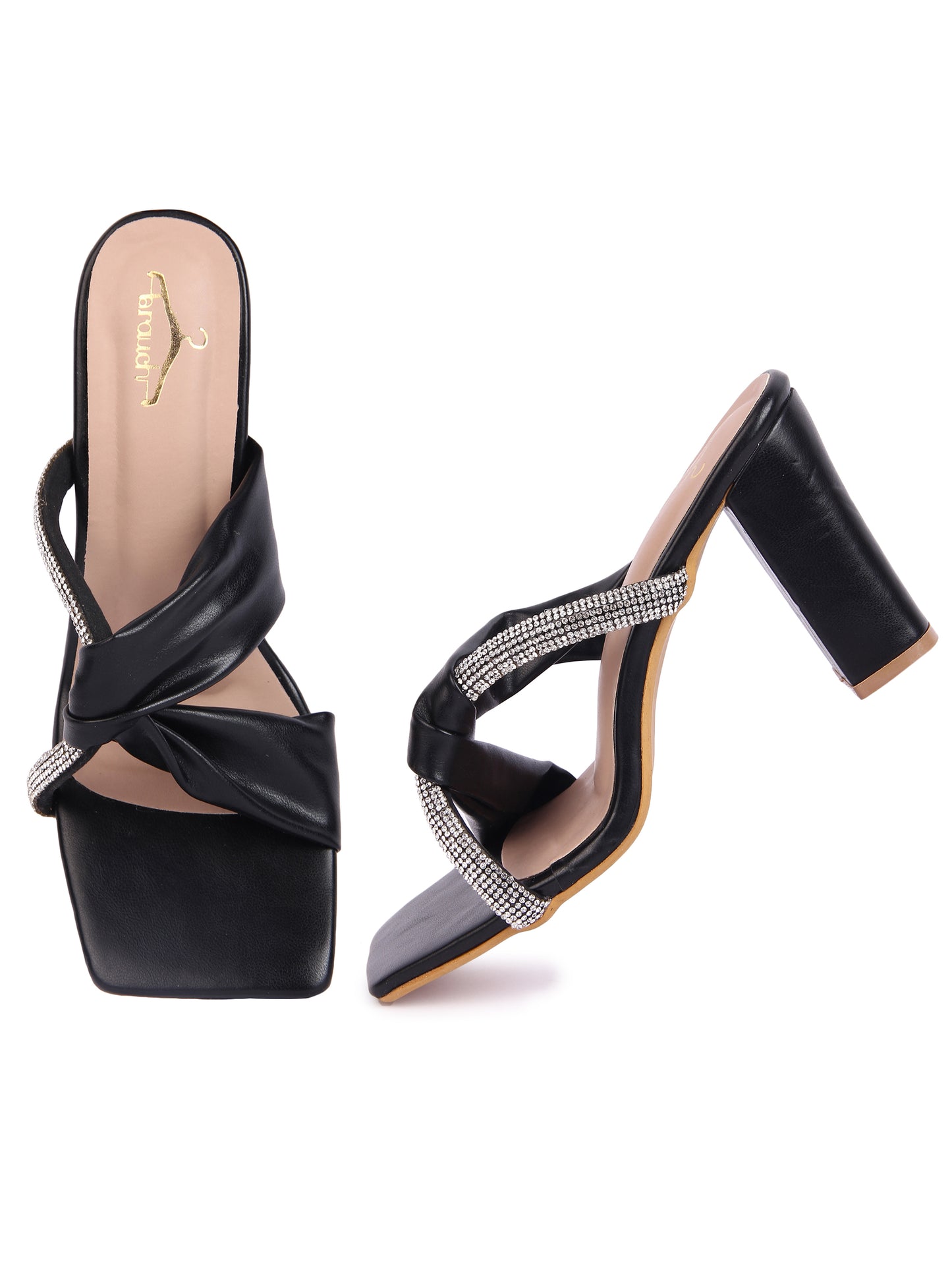 Black Cross Strap Rhinestone Block Heel