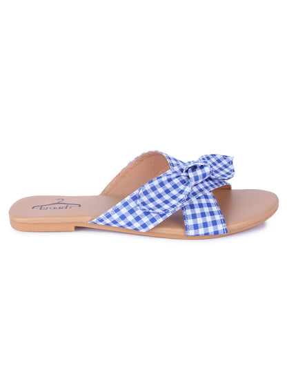 Women Blue Bow Checkered Fashion Flats