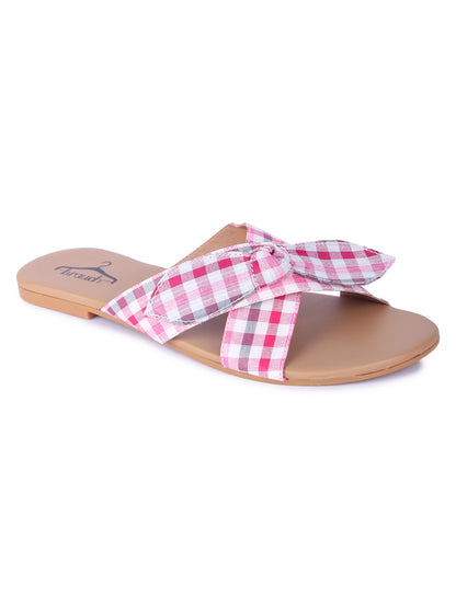 Women Pink Bow Checkered Fashion Flats