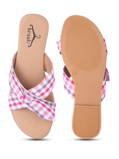 Women Pink Bow Checkered Fashion Flats