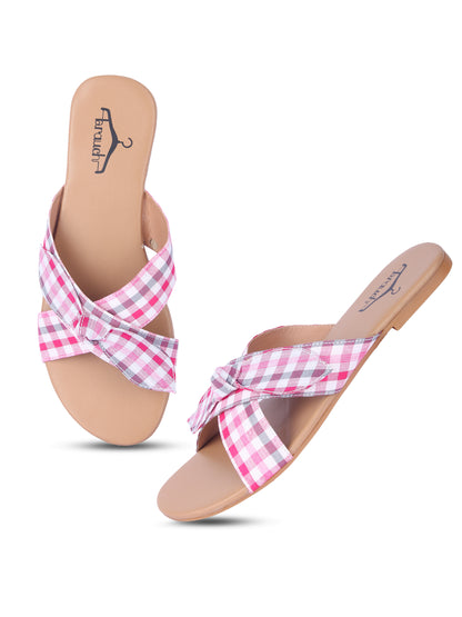 Women Pink Bow Checkered Fashion Flats