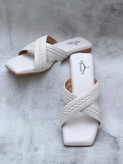 Brauch White Cross Strap Patterned Flats