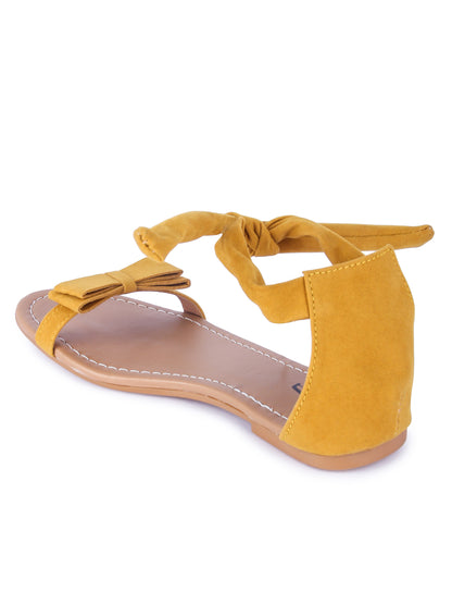 Women Mustard Suede Bow Tie Up Fashion Sandal