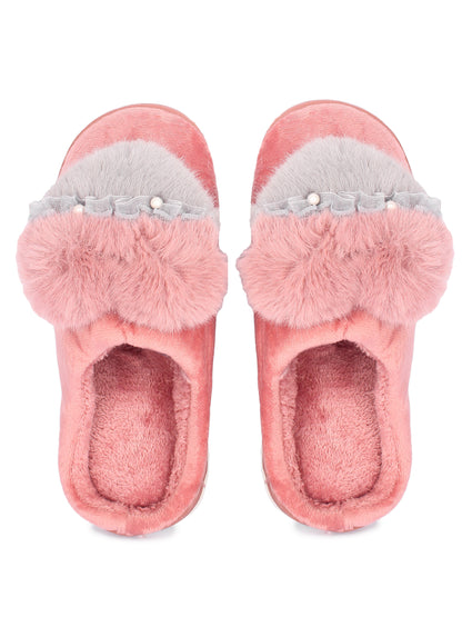 Brauch Women's Pink Heart Pearl Fur Winter Slippers
