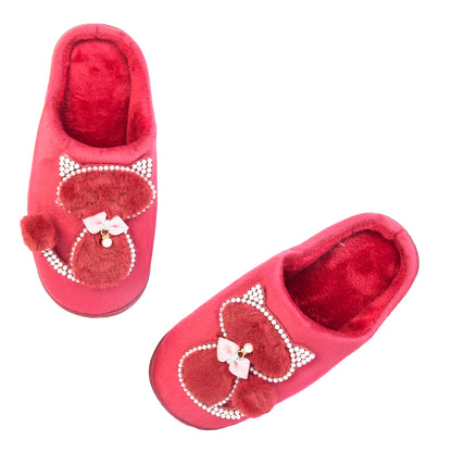 Brauch Women's Maroon Pearl Cat Winter Slippers