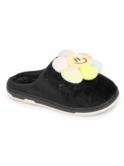 Brauch Women's Black Happy Sunflower Fur Winter Slippers