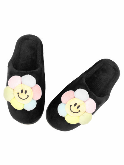 Brauch Women's Black Happy Sunflower Fur Winter Slippers