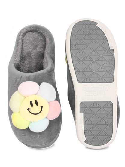 Brauch Women's Grey Happy Sunflower Fur Winter Slippers