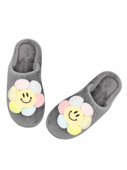 Brauch Women's Grey Happy Sunflower Fur Winter Slippers