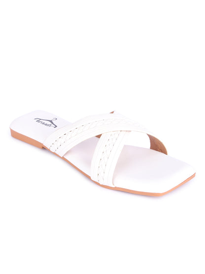 Brauch White Cross Strap Patterned Flats