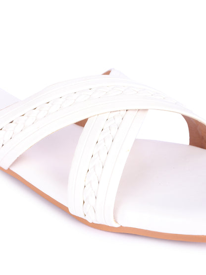 Brauch White Cross Strap Patterned Flats