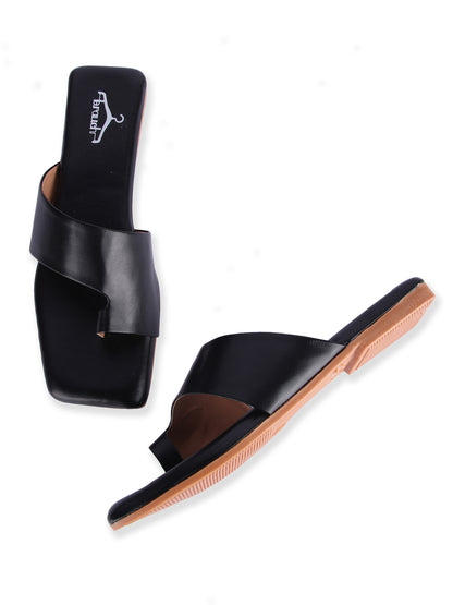 Brauch Black Thumb Strap Square Toe Flats